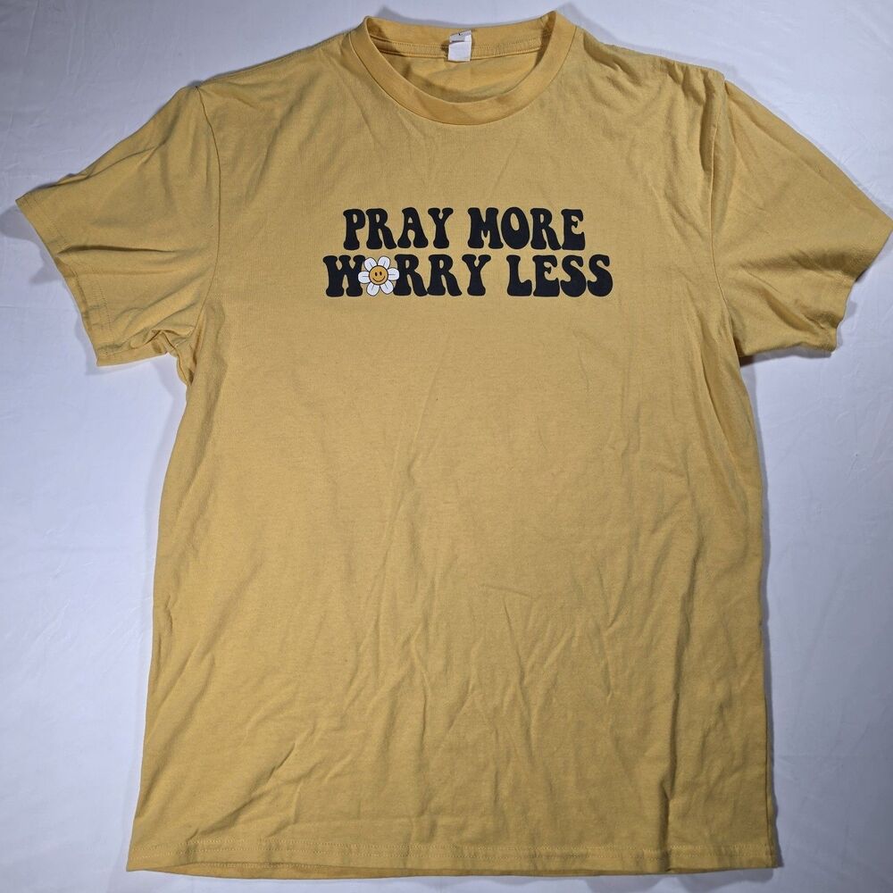 Pray More Worry Less Shirt Mens Large Yellow Christian Graphic Tee Inspirational